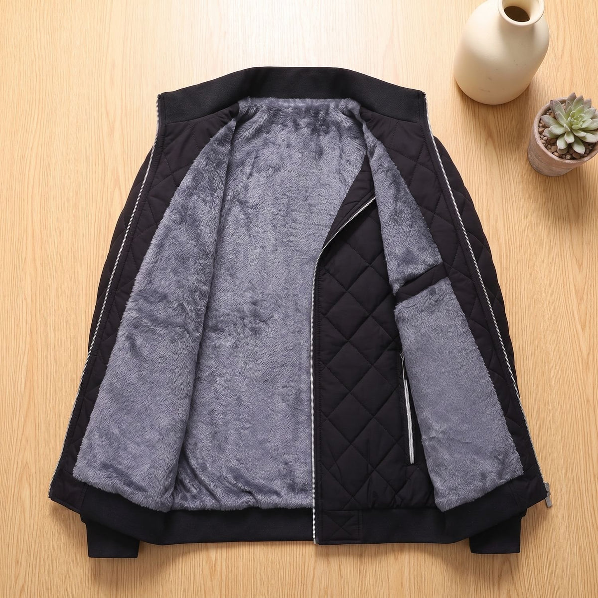 Men's Quilted Fleece-Lined Zip-Up Puffer Jacket - Black