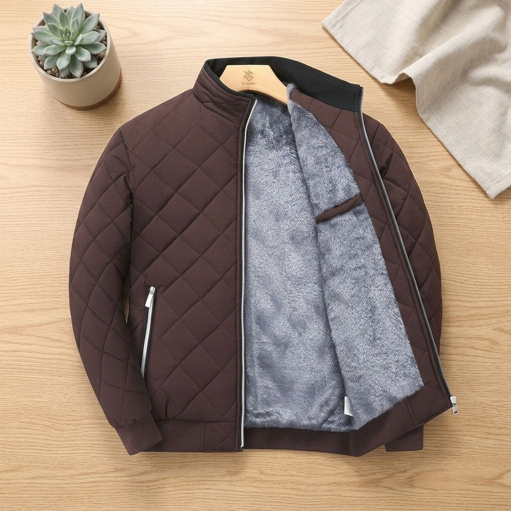 Men's Quilted Fleece-Lined Zip-Up Puffer Jacket - Brown