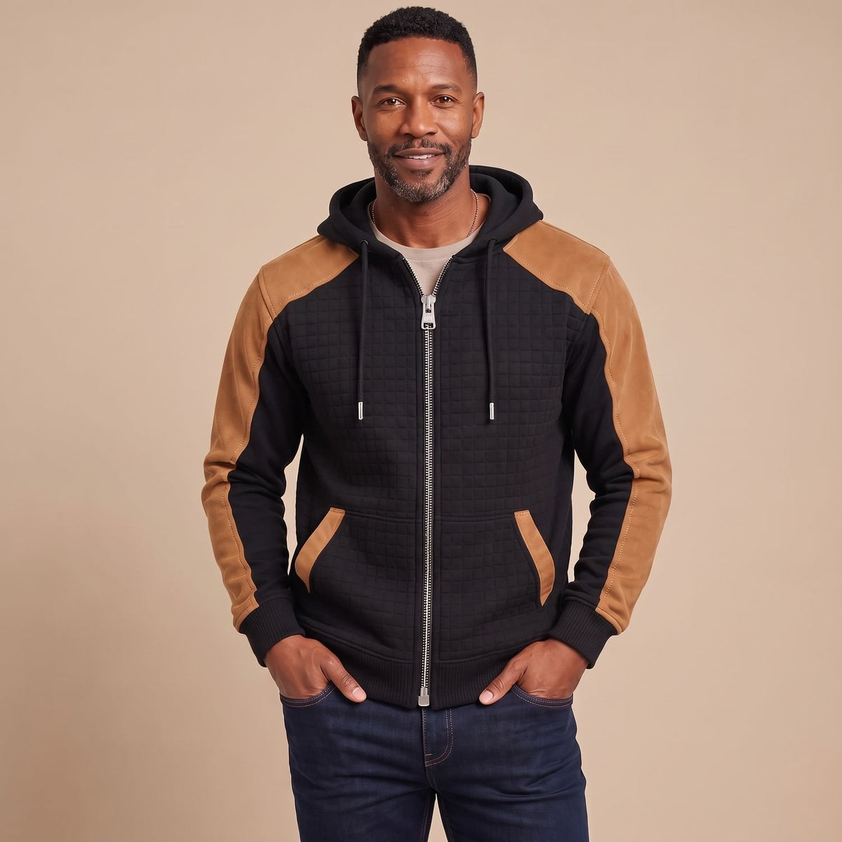 Men's Quilted Full-Zip Hoodie Colorblock Sweatshirt Jacket - Black