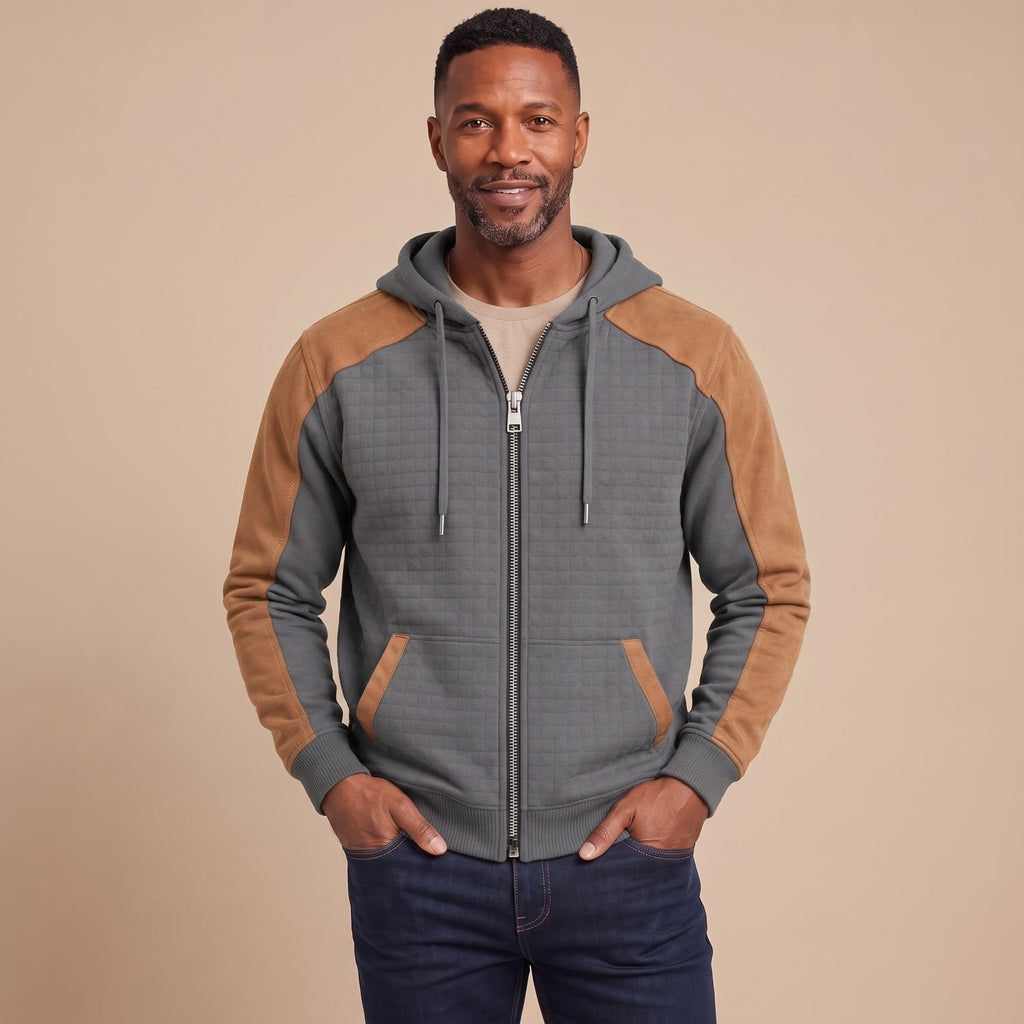 Men's Quilted Full-Zip Hoodie Colorblock Sweatshirt Jacket - Gray