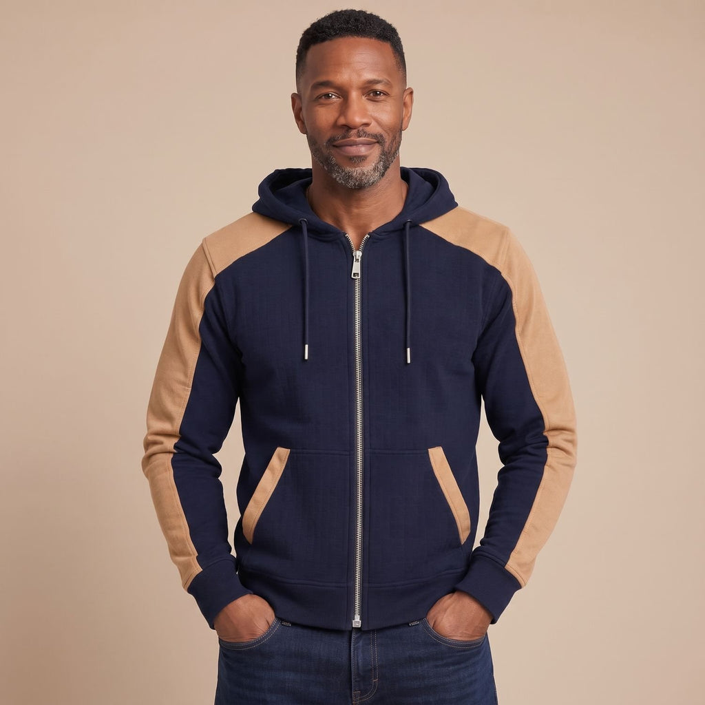 Men's Quilted Full-Zip Hoodie Colorblock Sweatshirt Jacket - Blue