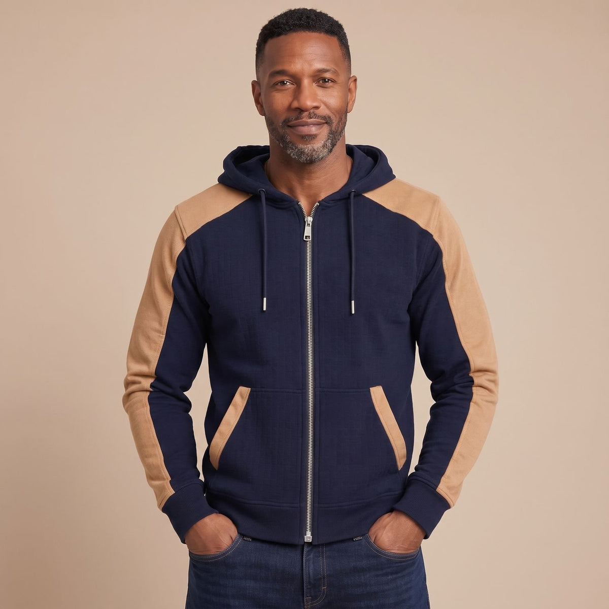 Men's Quilted Full-Zip Hoodie Colorblock Sweatshirt Jacket - Blue