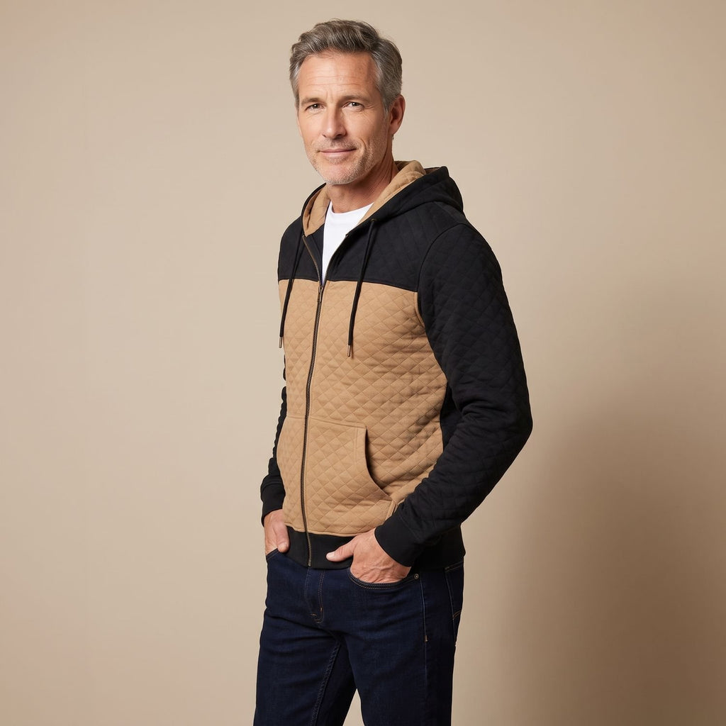 Men's Quilted Full-Zip Hoodie Colorblock Sweatshirt Jacket