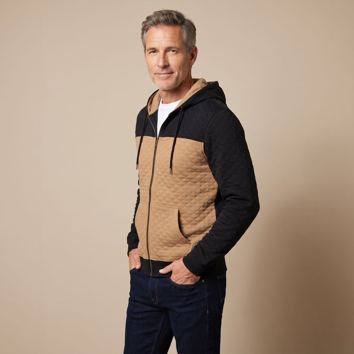 Men's Quilted Full-Zip Hoodie Colorblock Sweatshirt Jacket
