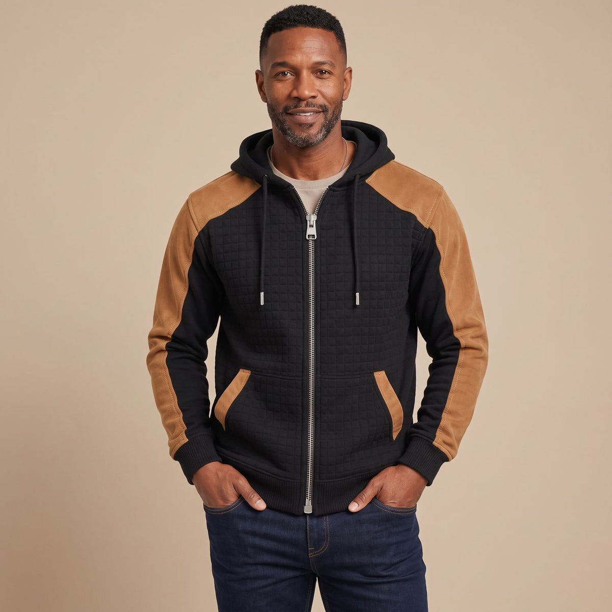 Men's Quilted Full-Zip Hoodie Colorblock Sweatshirt Jacket