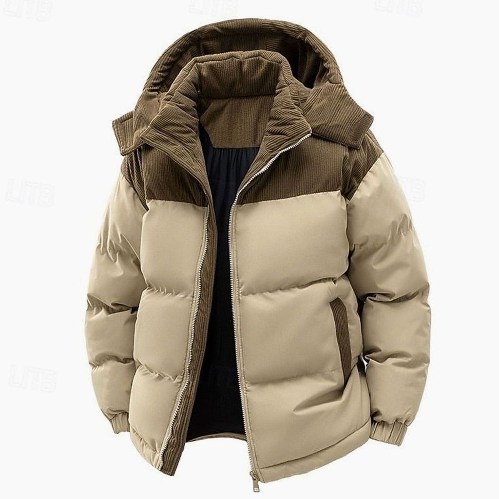 Men's Quilted Hooded Puffer Jacket Corduroy Two-Tone - Khaki