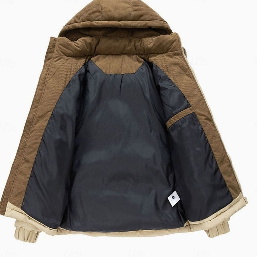 Men's Quilted Hooded Puffer Jacket Corduroy Two-Tone