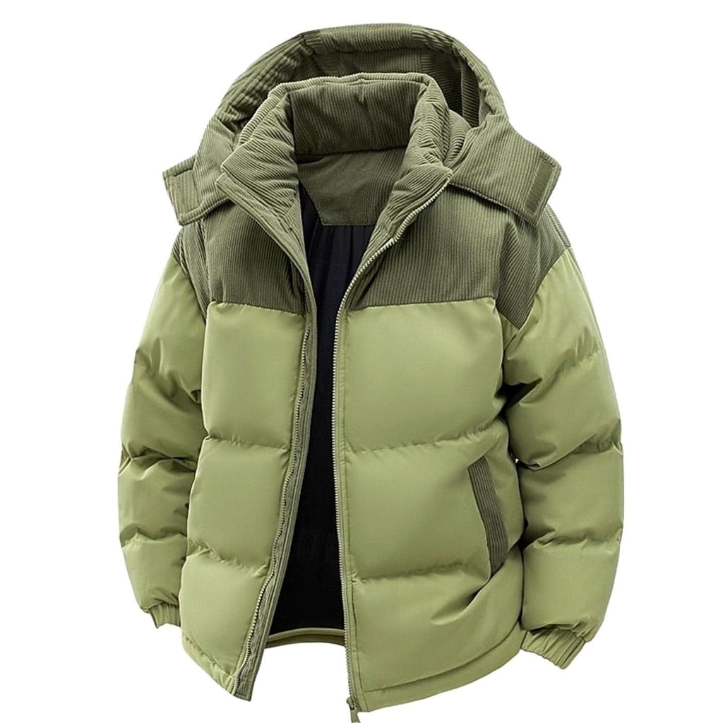 Men's Quilted Hooded Puffer Jacket Corduroy Two-Tone - Green