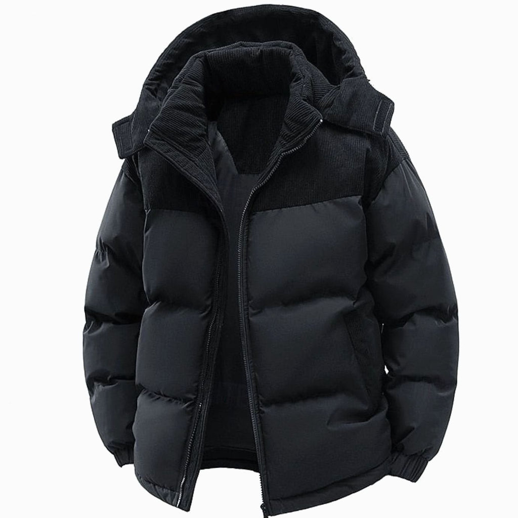 Men's Quilted Hooded Puffer Jacket Corduroy Two-Tone - Black