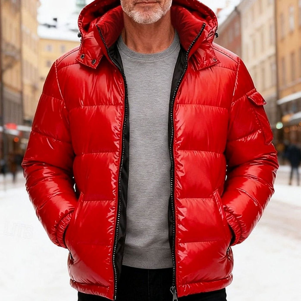 Men's Quilted Hooded Puffer Jacket Insulated Down - Red