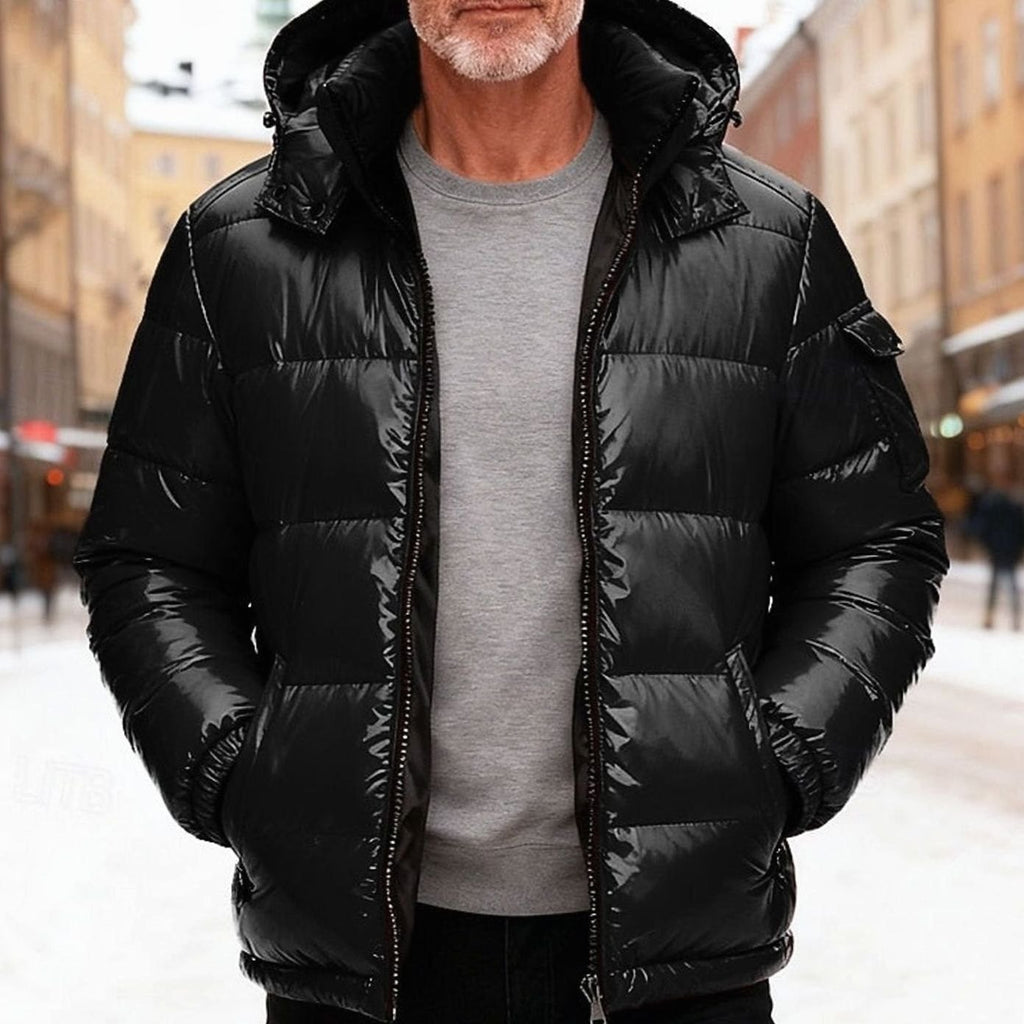 Men's Quilted Hooded Puffer Jacket Insulated Down - Black