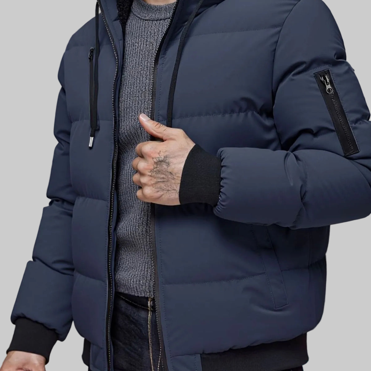 Men's Quilted Hooded Winter Jacket Ribbed-Cuff Puffer - Navy