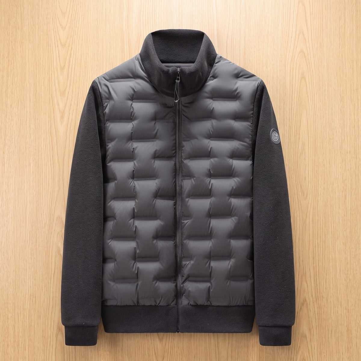 Men's Quilted Hybrid Fleece-Sleeve Puffer Jacket - Black