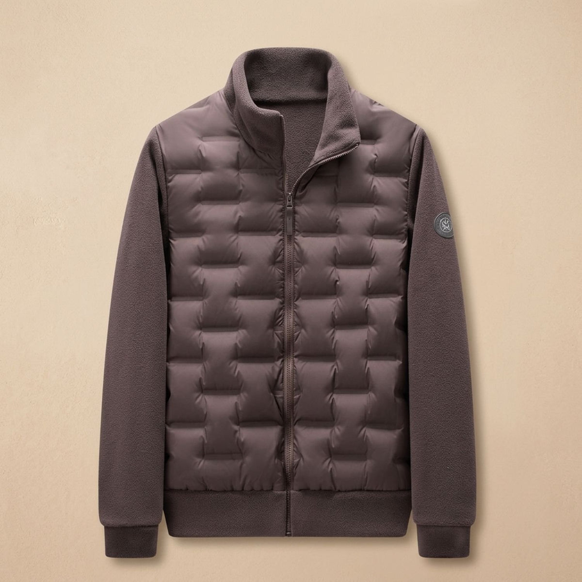 Men's Quilted Hybrid Fleece-Sleeve Puffer Jacket - Brown