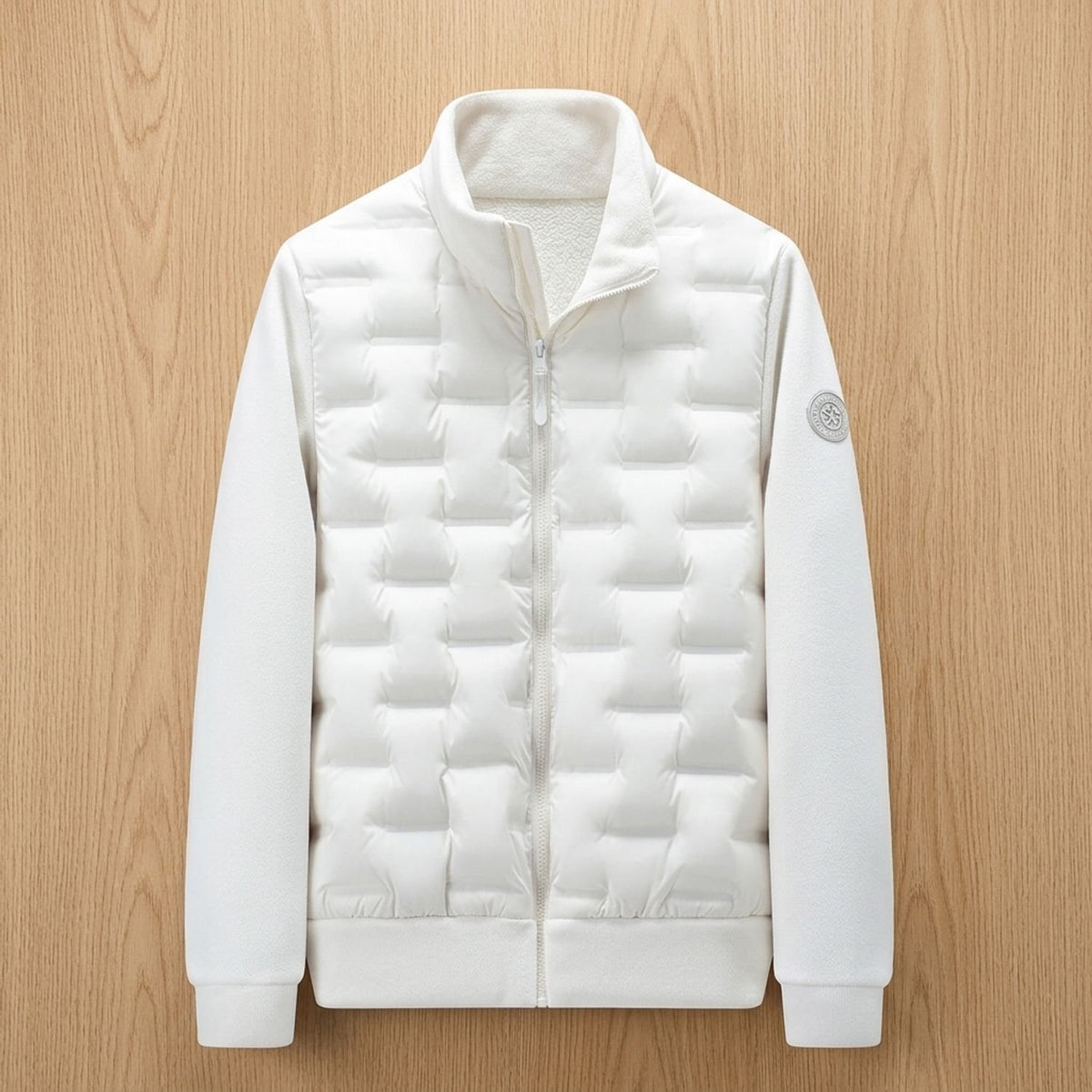 Men's Quilted Hybrid Fleece-Sleeve Puffer Jacket - White
