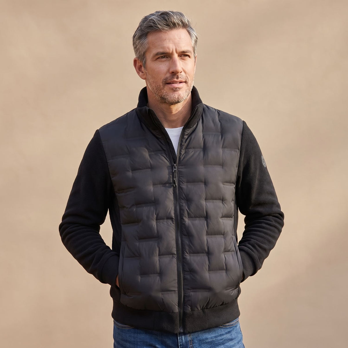 Men's Quilted Hybrid Fleece-Sleeve Puffer Jacket