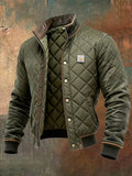 Mens Quilted Jacket Diamond-Stitch Stand-Collar Bomber - Green