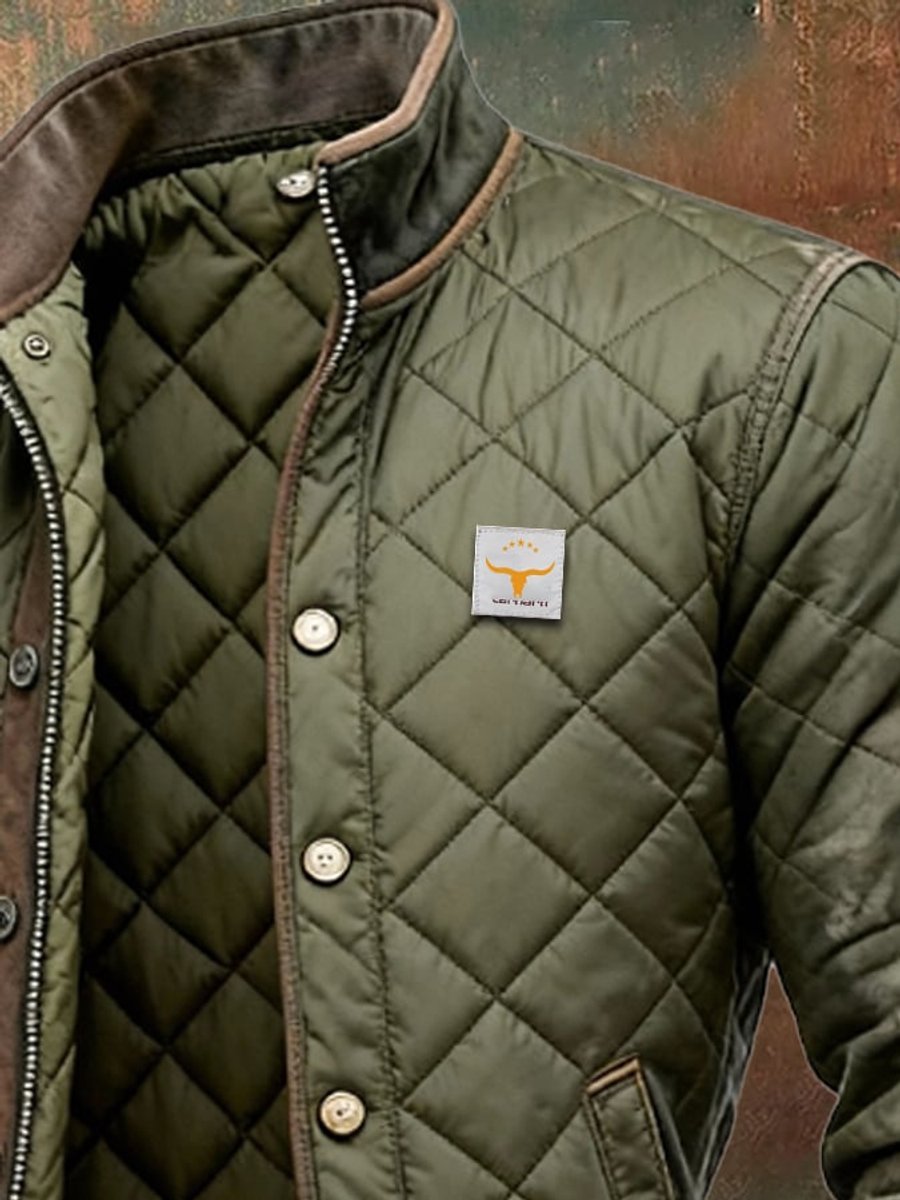 Mens Quilted Jacket Diamond-Stitch Stand-Collar Bomber