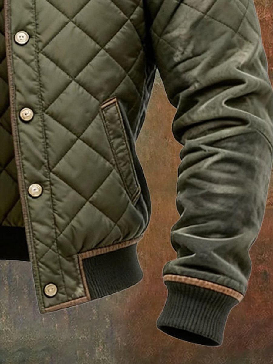 Mens Quilted Jacket Diamond-Stitch Stand-Collar Bomber