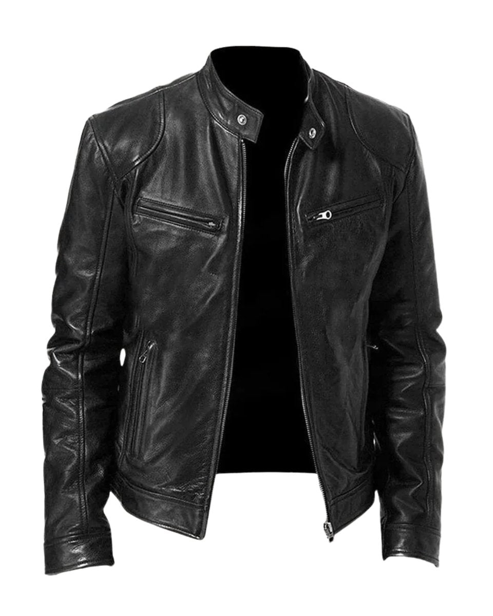 Mens Quilted Jacket Slim-Fit Biker-Style Faux Leather Moto Jacket