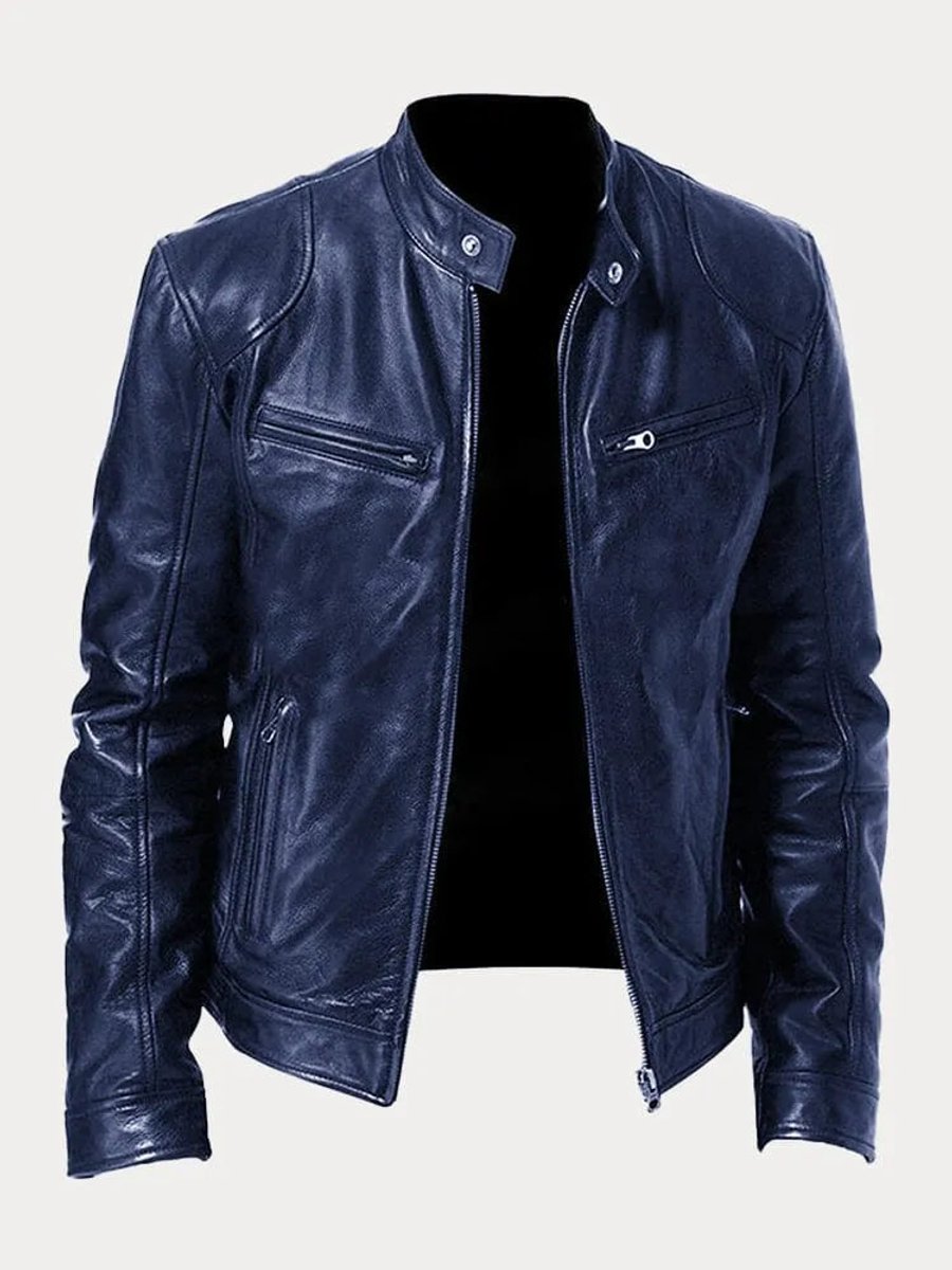 Mens Quilted Jacket Slim-Fit Biker-Style Faux Leather Moto Jacket - Dark Blue