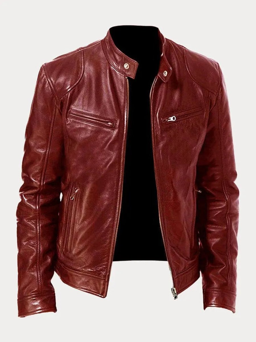 Mens Quilted Jacket Slim-Fit Biker-Style Faux Leather Moto Jacket - Dark Red