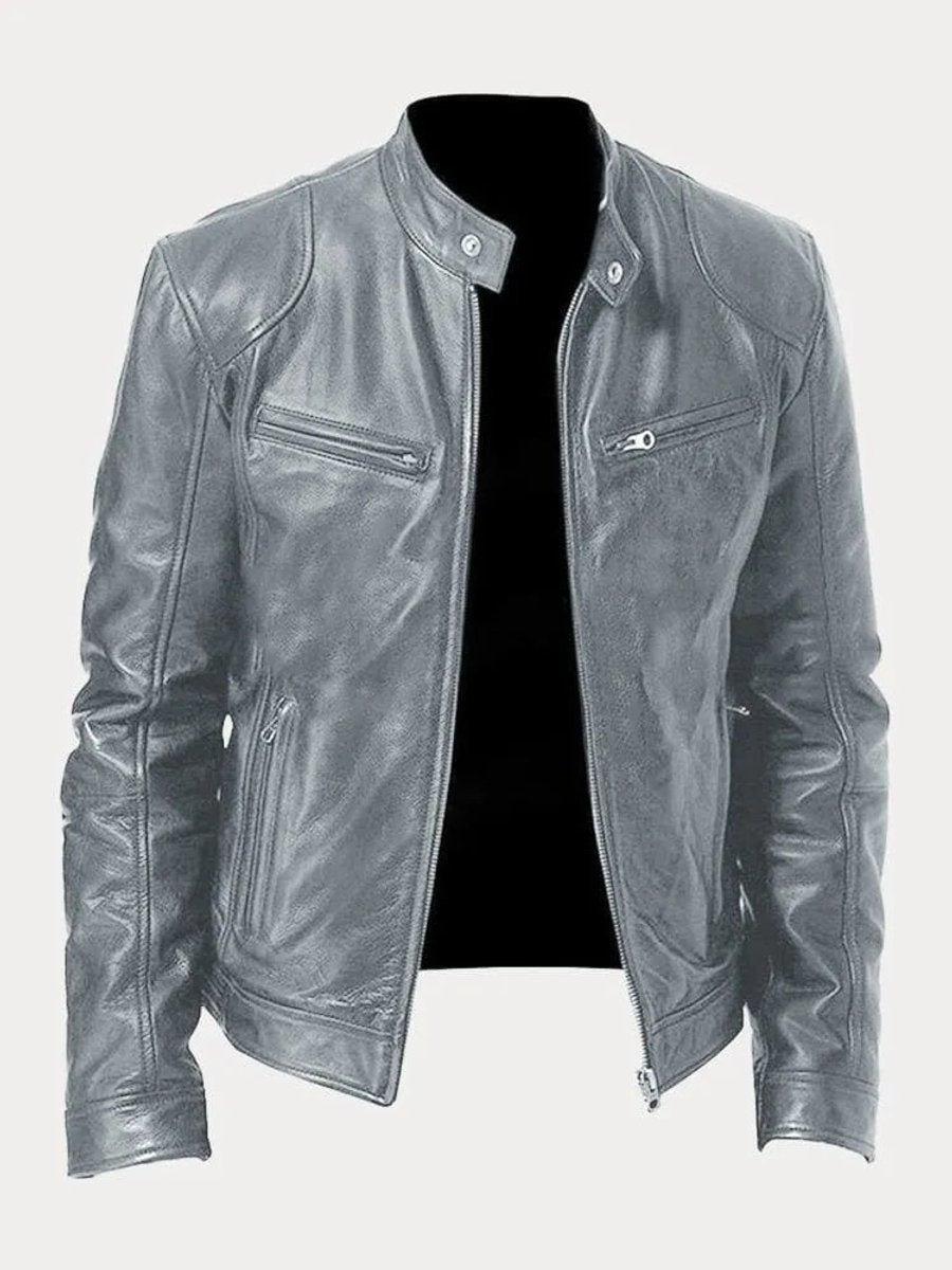 Mens Quilted Jacket Slim-Fit Biker-Style Faux Leather Moto Jacket - Gray