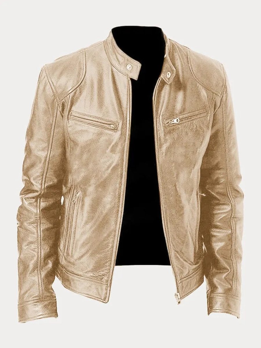 Mens Quilted Jacket Slim-Fit Biker-Style Faux Leather Moto Jacket - Gold