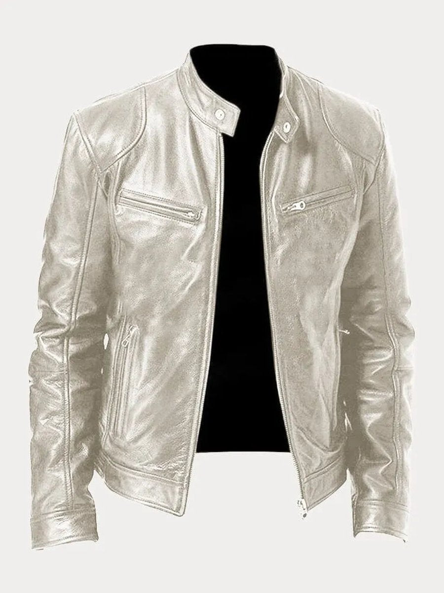 Mens Quilted Jacket Slim-Fit Biker-Style Faux Leather Moto Jacket - Silver