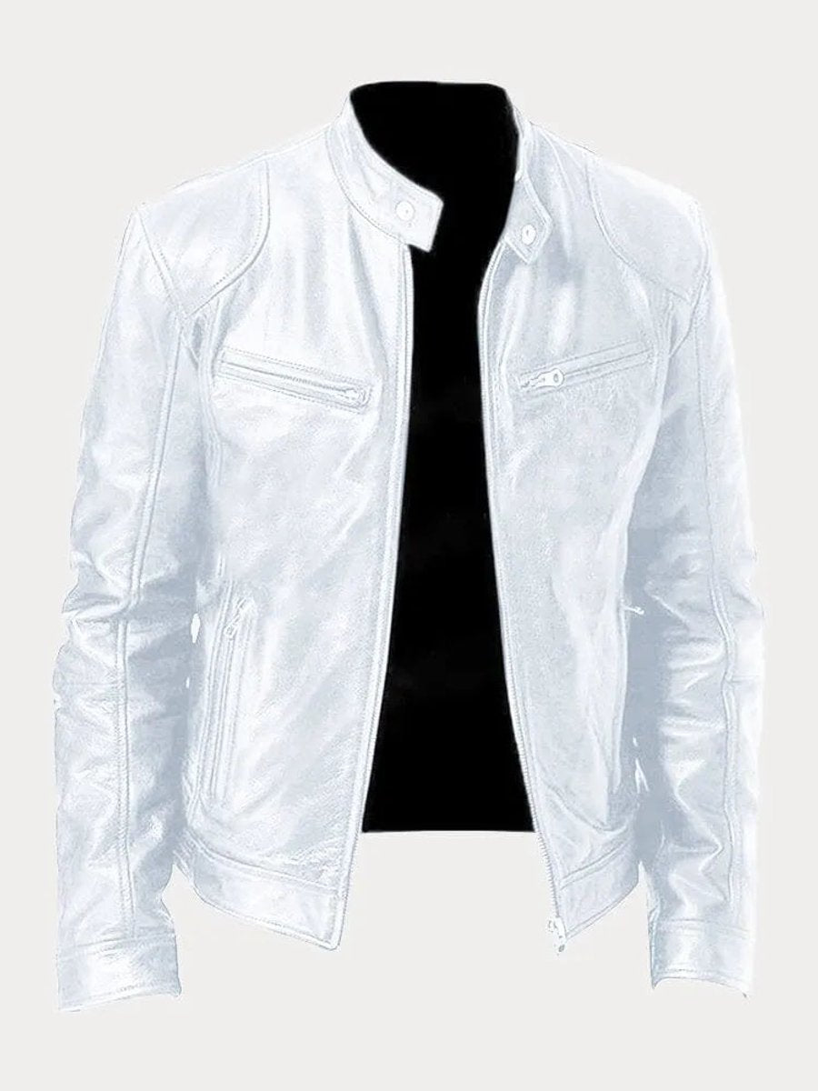 Mens Quilted Jacket Slim-Fit Biker-Style Faux Leather Moto Jacket - White