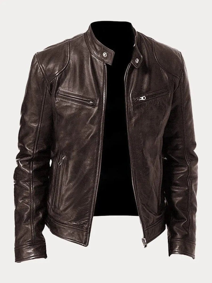Mens Quilted Jacket Slim-Fit Biker-Style Faux Leather Moto Jacket - Brown