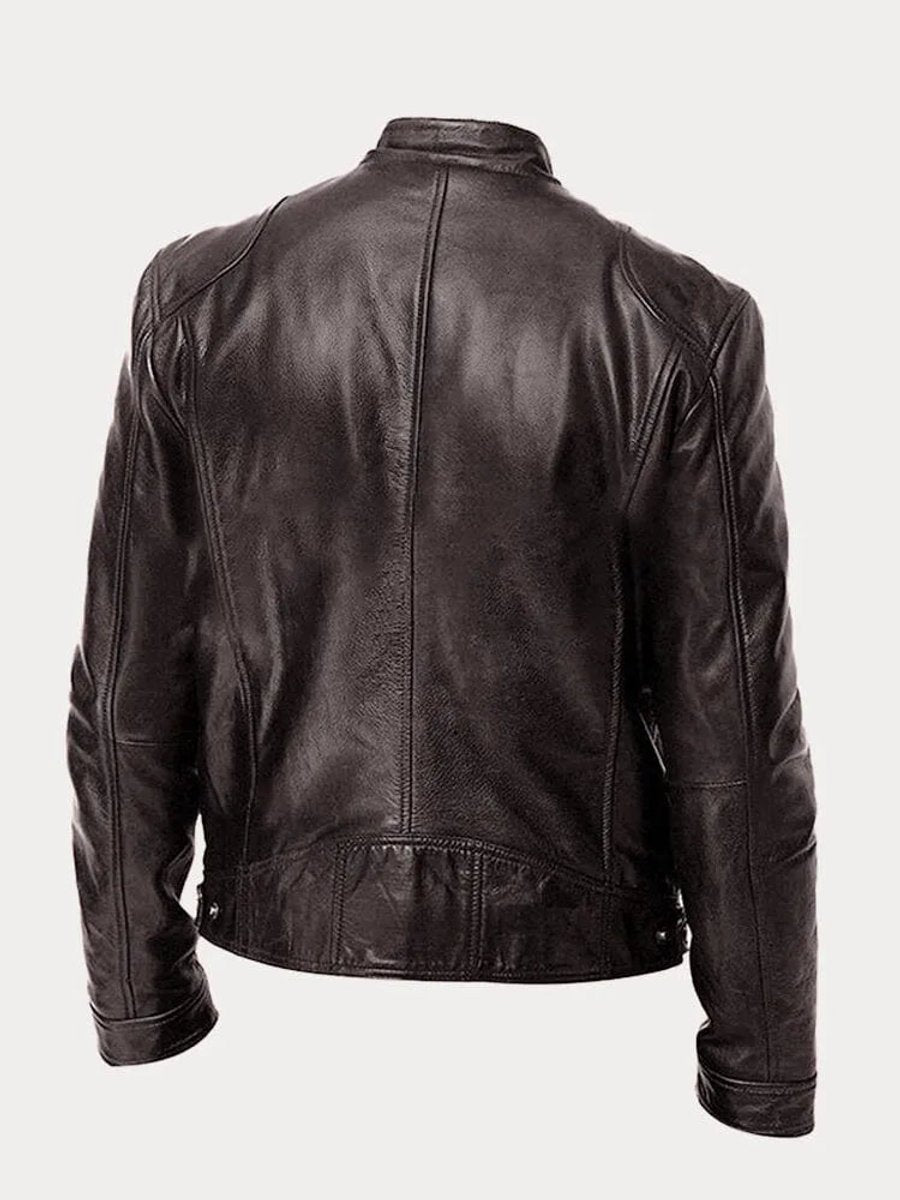 Mens Quilted Jacket Slim-Fit Biker-Style Faux Leather Moto Jacket