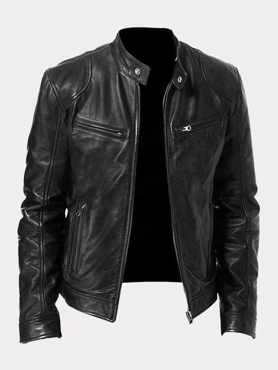 Mens Quilted Jacket Slim-Fit Biker-Style Faux Leather Moto Jacket - Black