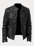 Mens Quilted Jacket Slim-Fit Biker-Style Faux Leather Moto Jacket - Black