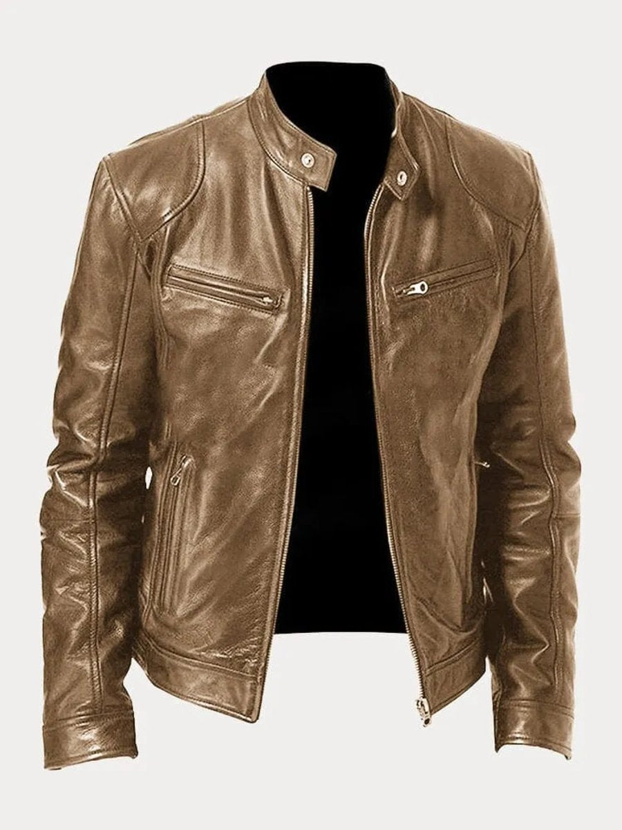 Mens Quilted Jacket Slim-Fit Biker-Style Faux Leather Moto Jacket - Khaki