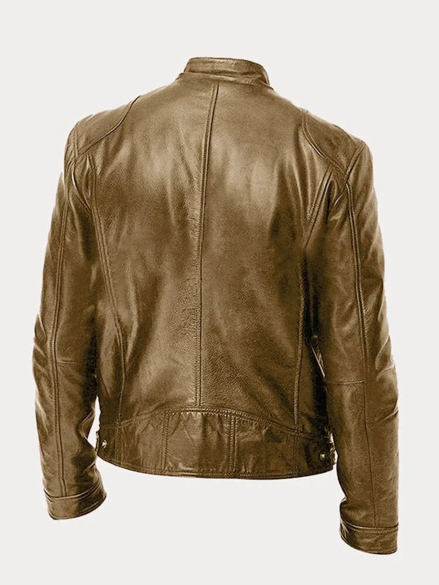 Mens Quilted Jacket Slim-Fit Biker-Style Faux Leather Moto Jacket