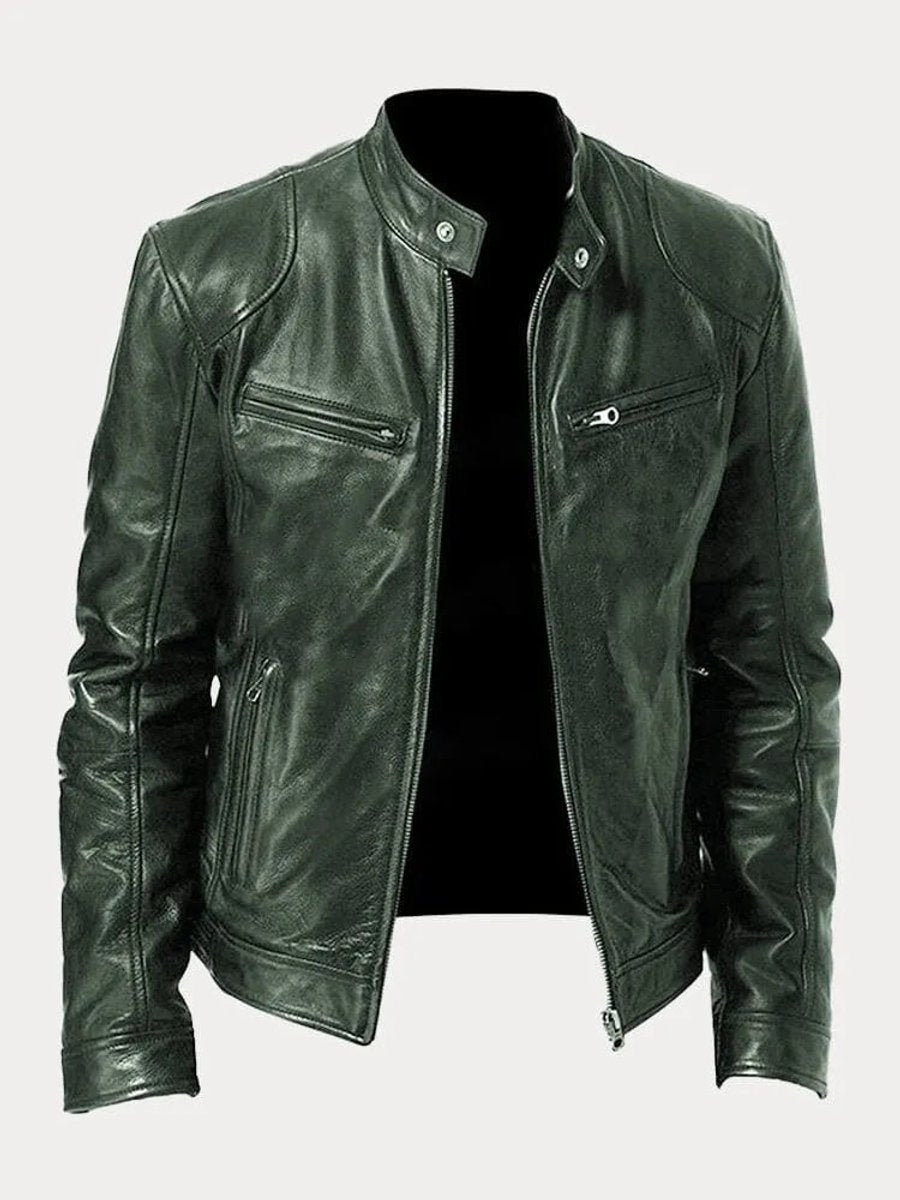 Mens Quilted Jacket Slim-Fit Biker-Style Faux Leather Moto Jacket - Military Green