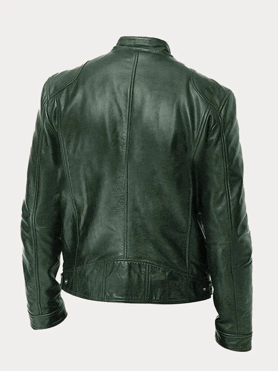 Mens Quilted Jacket Slim-Fit Biker-Style Faux Leather Moto Jacket