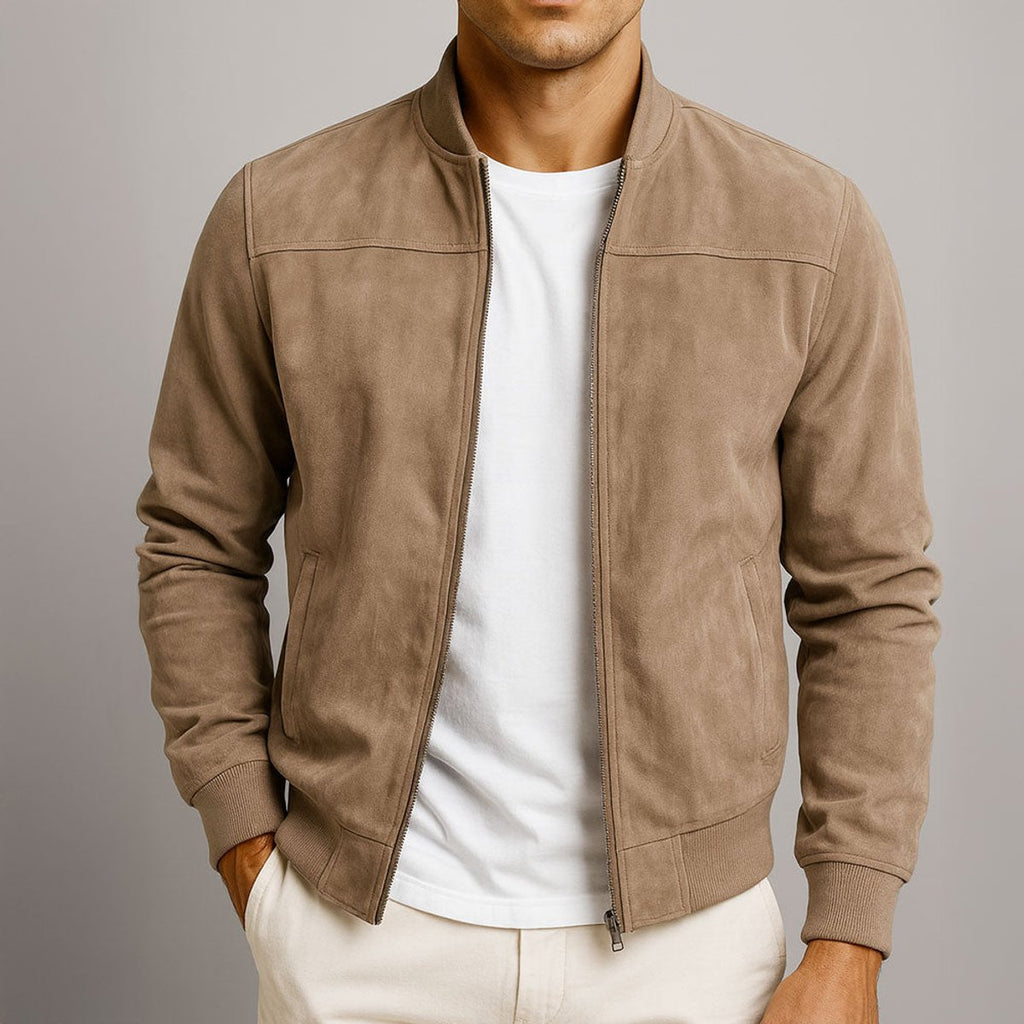 Mens Quilted Jacket Slim Fit Suede Bomber - Brown