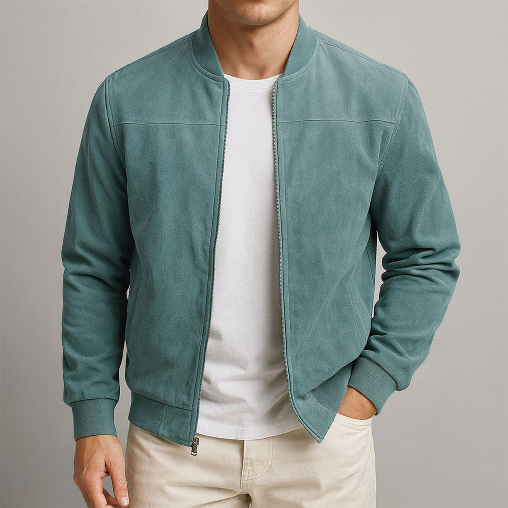 Mens Quilted Jacket Slim Fit Suede Bomber - Blue