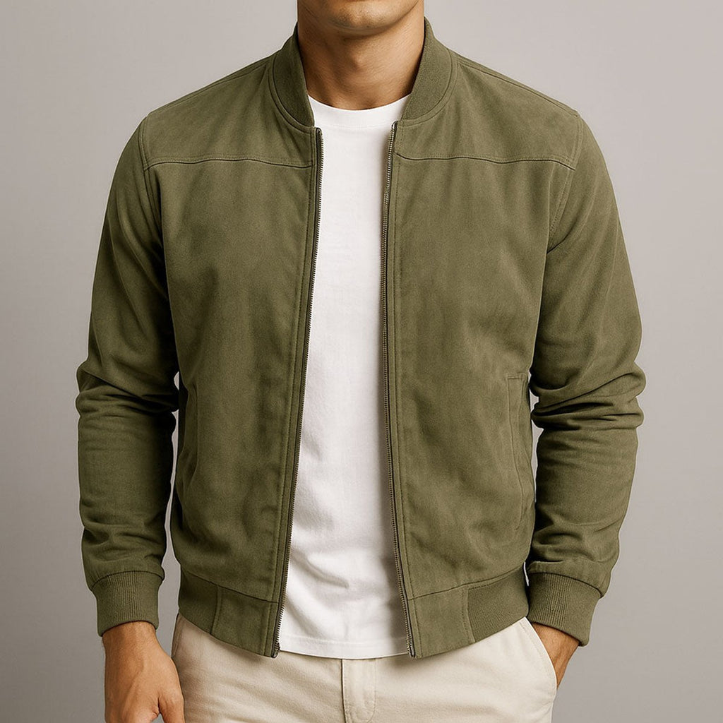 Mens Quilted Jacket Slim Fit Suede Bomber - Green