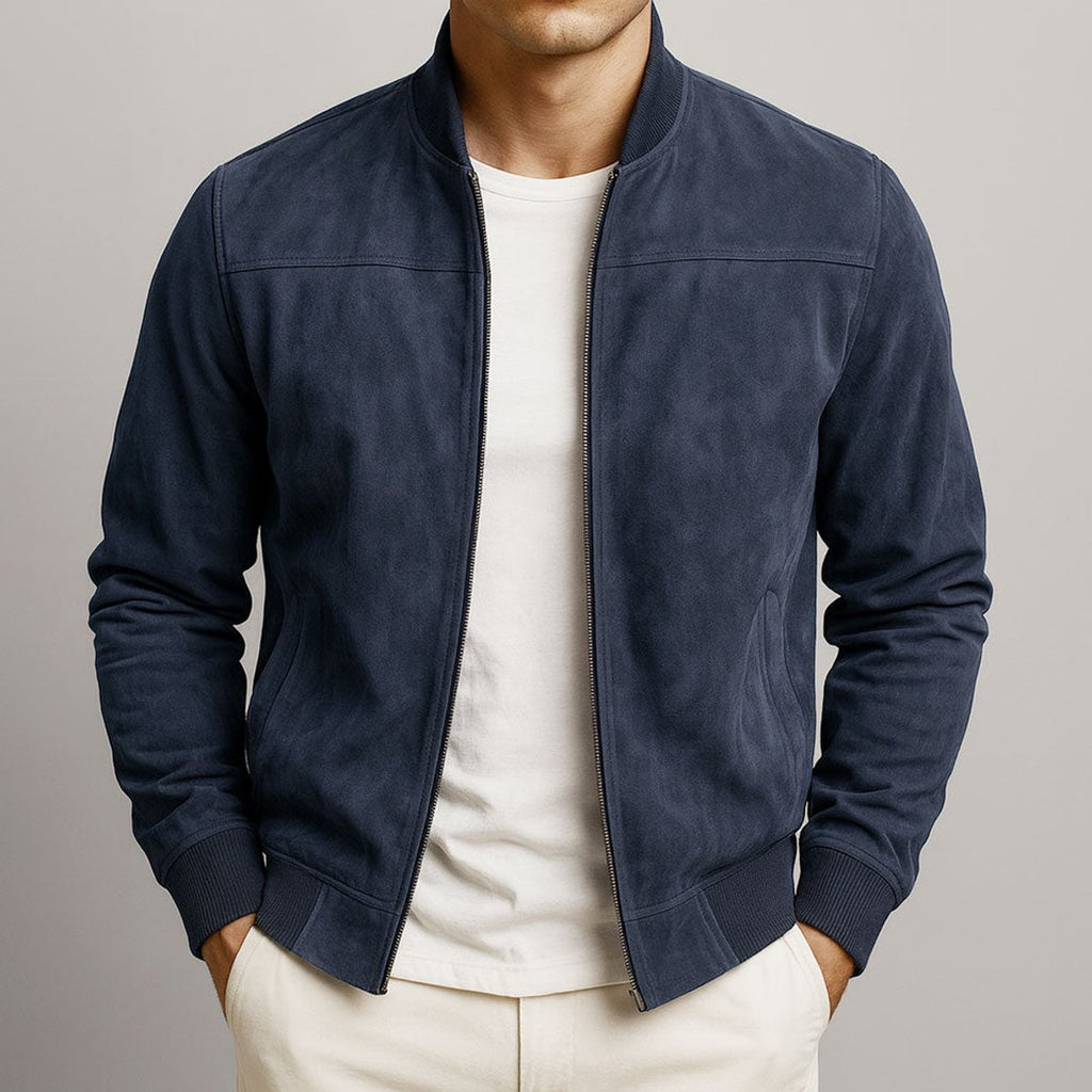 Mens Quilted Jacket Slim Fit Suede Bomber - Navy Blue
