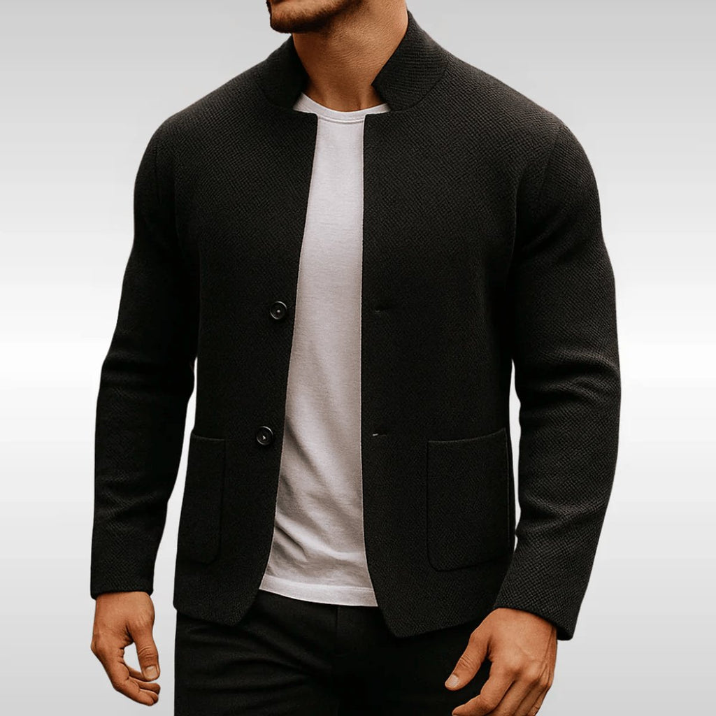 Men's Quilted Jacket Textured Knit Stand-Collar Button-Front Blazer - Black