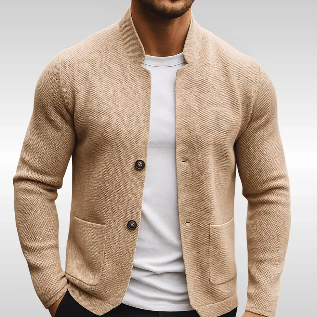 Men's Quilted Jacket Textured Knit Stand-Collar Button-Front Blazer - Beige