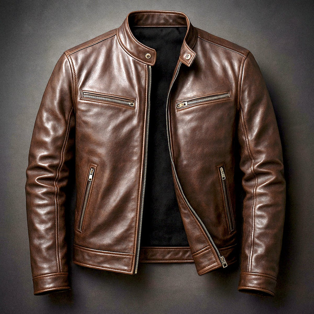 Mens Quilted Jacket Vintage Leather Biker Moto Zip-Up - Cigar Brown