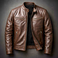 Mens Quilted Jacket Vintage Leather Biker Moto Zip-Up - Cigar Brown