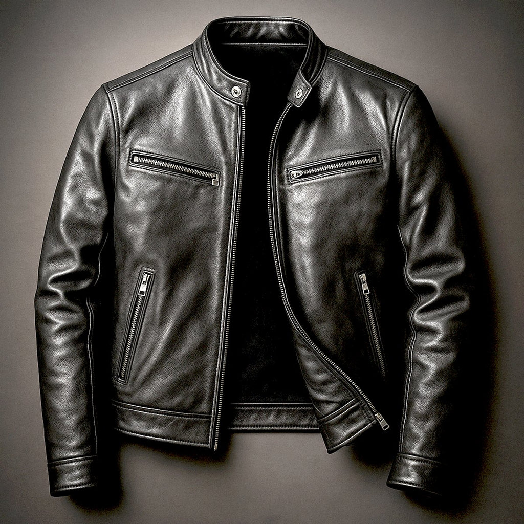 Mens Quilted Jacket Vintage Leather Biker Moto Zip-Up - Biker Black