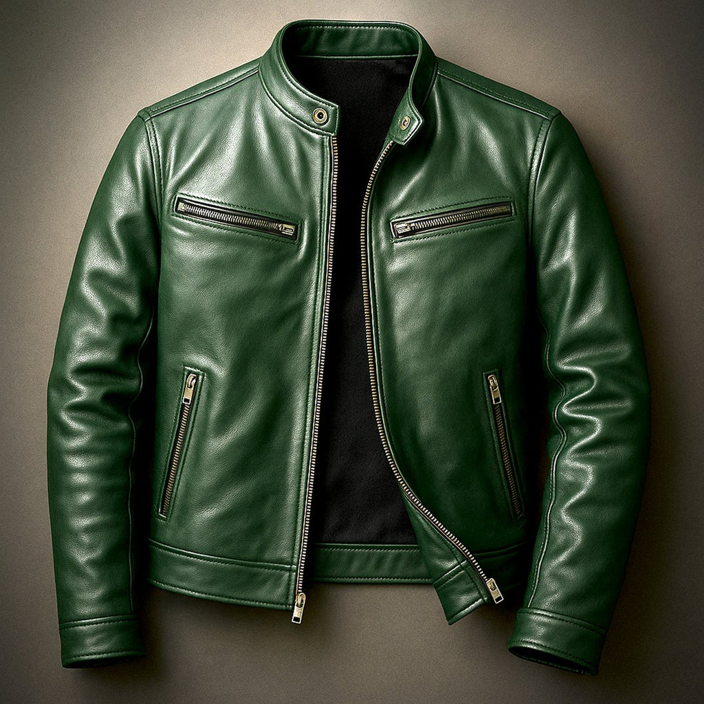Mens Quilted Jacket Vintage Leather Biker Moto Zip-Up - Forest Green
