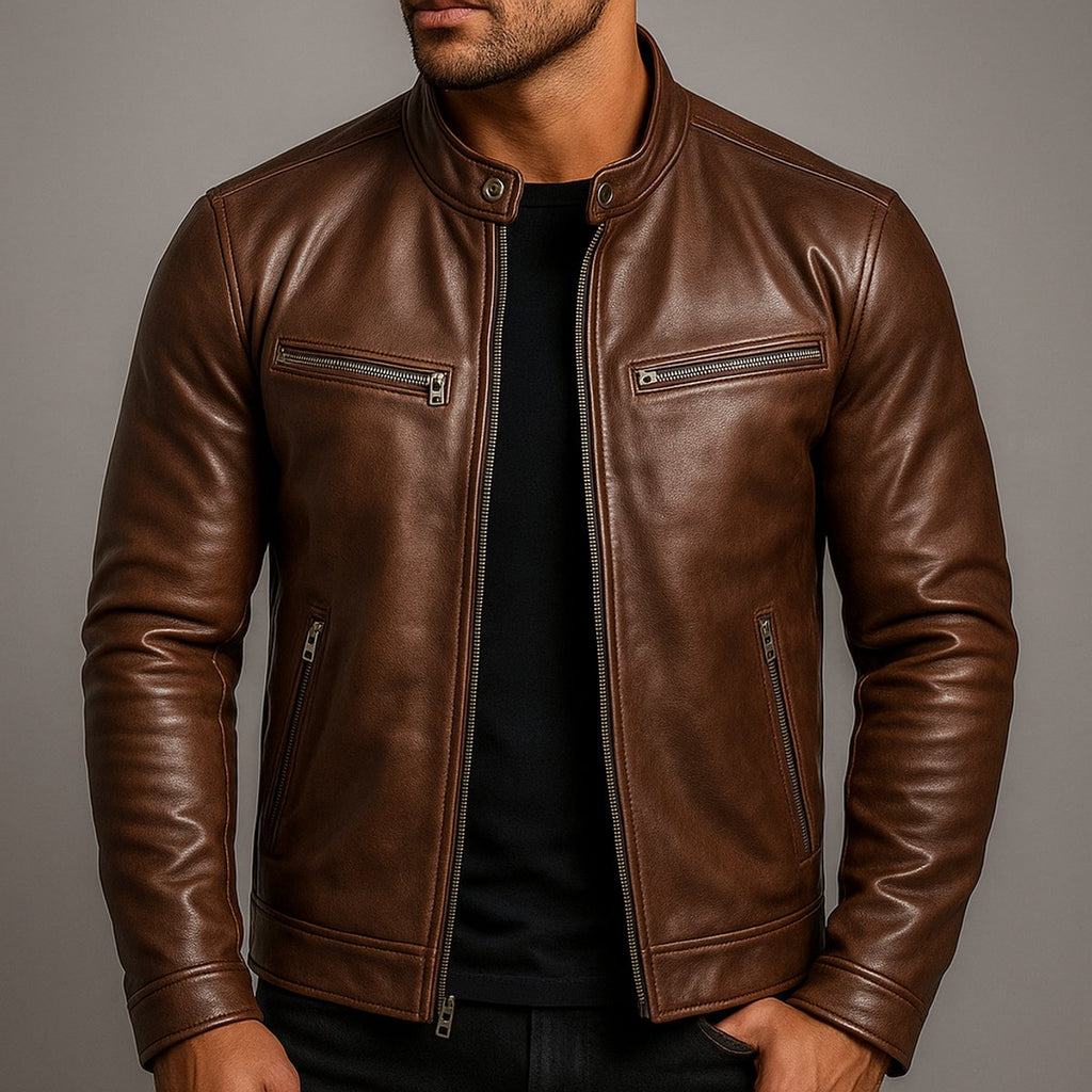 Mens Quilted Jacket Vintage Leather Biker Moto Zip-Up