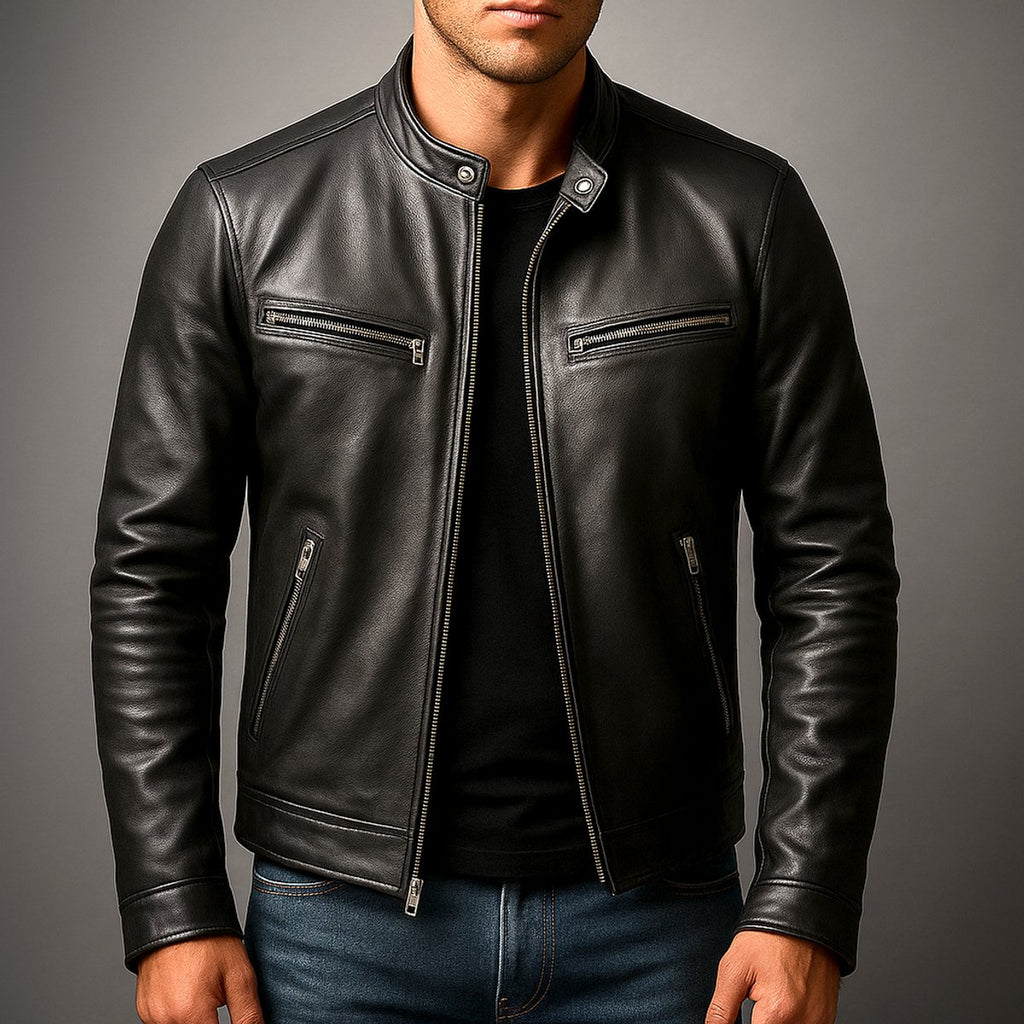 Mens Quilted Jacket Vintage Leather Biker Moto Zip-Up